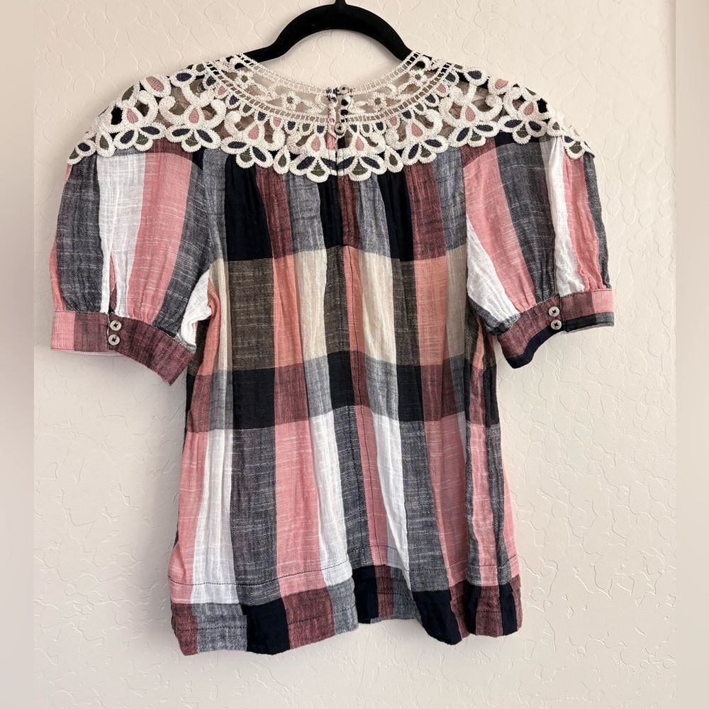 Anthropologie Plaid Boho Crochet Embroidered Swing Blouse Cottage Prairie XS - Picture 7 of 10